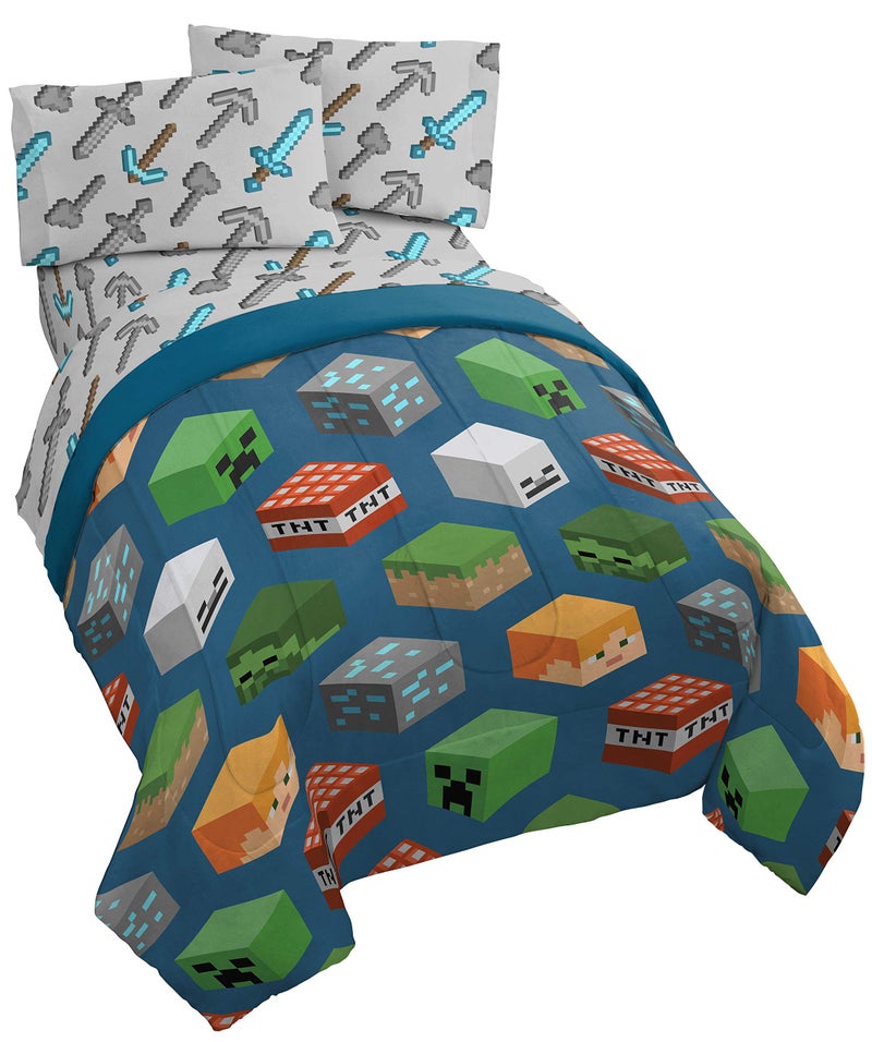 Jay Franco Minecraft Isometric 5 Piece Full Bed Set - Includes Comforter & Sheet Set - Bedding Features Creeper - Super Soft Fade Resistant Polyester - (Official Minecraft Product) - Image 1